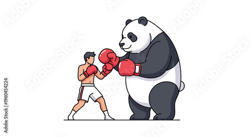 An epic boxing challenge between a determined human fighter and a massive, friendly panda