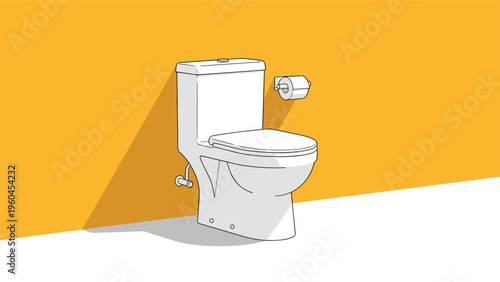 Modern white ceramic toilet set against a bright yellow wall background used in interior design concepts for bathroom and plumbing renovations.
