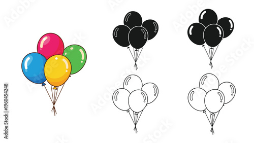 Bundle of four balloons floating together shown in colorful greyscale and outline versions for celebration and party planning related graphics.
