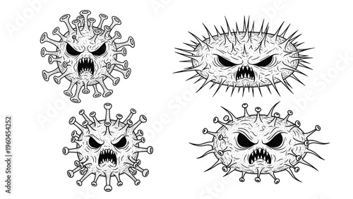 Set of angry cartoon virus particles and bacteria characters drawn in a detailed hand-sketched outline style for educational health materials.