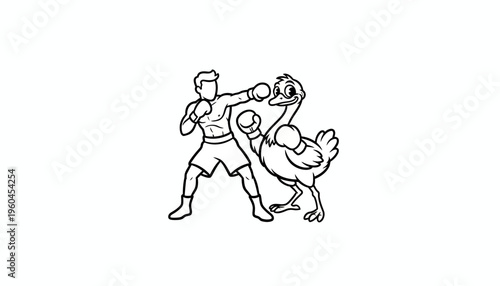 Humorous line art depicting a spirited boxing match between a determined human fighter and a
