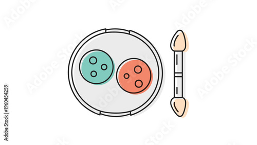 Cosmetic eye shadow compact featuring two vibrant shades of teal and coral accompanied by a double-ended applicator brush for makeup tutorials.