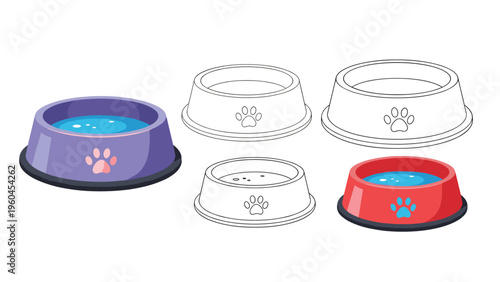 Collection of pet feeding bowls in various styles such as filled with water and simple outlines for use in animal care related graphic designs.