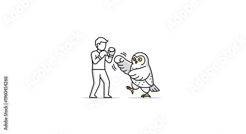Quirky boxing match between a determined human and a spirited owl in a whimsical line art