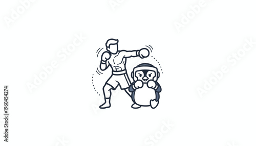 Dynamic boxing duo with a human athlete and an adorable penguin mascot training together