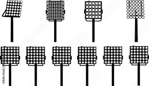 Stadium Floodlight Silhouettes Set with Multiple Angles and Designs, Sports Arena Lighting Towers for Night Match Illumination Vector Illustration Collection