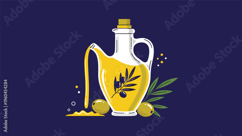 Elegant olive oil glass bottle pouring a stream of golden liquid with olives and leaves on a dark blue background for gourmet food designs.