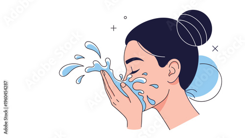 Young woman cleansing her face with splashes of water in a flat vector illustration style promoting skin care and daily hygiene routines.
