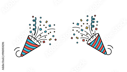 Pair of festive party poppers exploding with colorful confetti and streamers to celebrate special occasions such as birthdays and holidays.