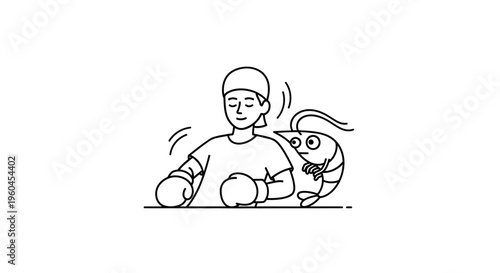 minimalist line art illustration featuring a focused boxer and a bewildered shrimp character