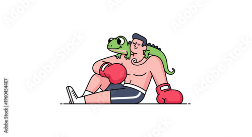 Relaxed Boxer with Friendly Lizard Companion Resting Peacefully After a Training Session
