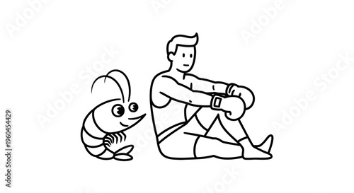 Minimalist black and white line art depicting a cheerful shrimp alongside a relaxed boxer,