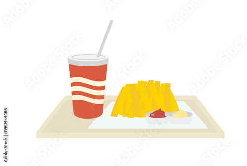 トレーの乗ったフレンチフライとジュースのシンプルなイラスト