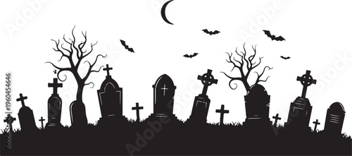 Halloween graveyard, spooky cemetery, black silhouette, moonlit night, bats flying