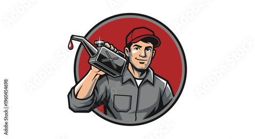 Mechanic holding oil can ready for service.