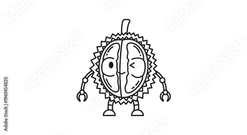 Whimsical spiky fruit character illustration, friendly exotic produce mascot with robotic limbs,