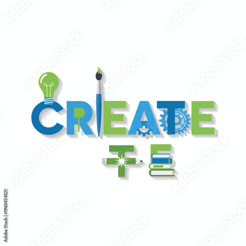 The word "CREATE" spelled with icons lightbulb, paintbrush, gears, pencil, books
