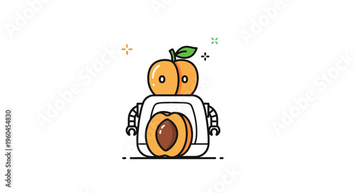 Minimalist vector illustration of an adorable fruit-bot, blending nature and future tech
