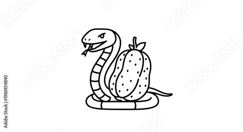 Intricate line art of a venomous snake coiled around an unusual spotted fruit creating a unique