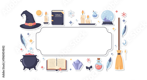 Magical frame with witch hat cauldron and broomstick elements