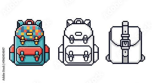 Pixel art backpacks collection in retro style with colorful patterns