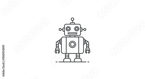 Minimalist line art illustration of a friendly vintage-style helper robot standing on a dashed line