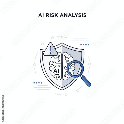 Shield protects AI brain with warning sign and magnifying glass for risk analysis