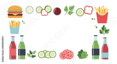 Colorful food border with burger fries drinks and fresh vegetables in