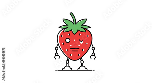 Whimsical red strawberry robot character winking with a playful expression, modern fruit
