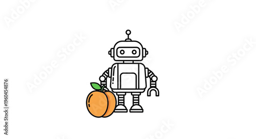 Futuristic mechanical assistant icon holding a fresh peach illustration on a clean white background