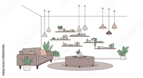 Modern minimalist living room interior with plants and hanging lamps
