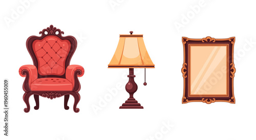 Elegant vintage chair lamp and mirror set with ornate details