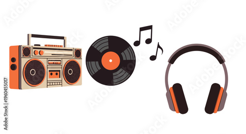 Retro music elements with boombox vinyl record and headphones