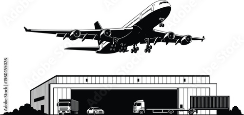 Air Cargo Logistics Illustration with Airplane, Warehouse and Delivery Trucks, Global Freight Transportation Concept for Shipping, Distribution and Supply Chain Vector Design