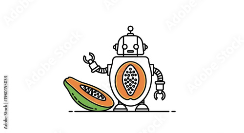Delightful digital illustration of an endearing robot showcasing a vibrant papaya fruit for a