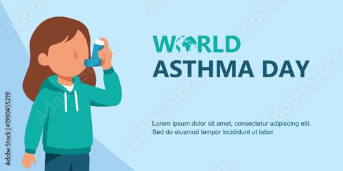 Flat illustration of a girl using an inhaler for World Asthma Day, highlighting asthma awareness and the importance of proper respiratory treatment for children and patients worldwide.