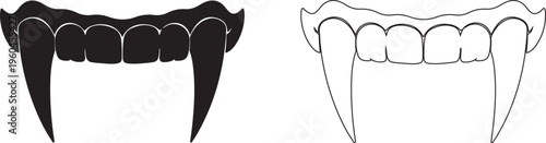 Vampire fangs, sharp teeth, black and white icons, dental illustration, fang graphics