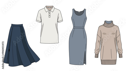 Collection of women's clothing items features a long pleated skirt, a polo shirt, a sleeveless midi dress, and a knit turtleneck dress.