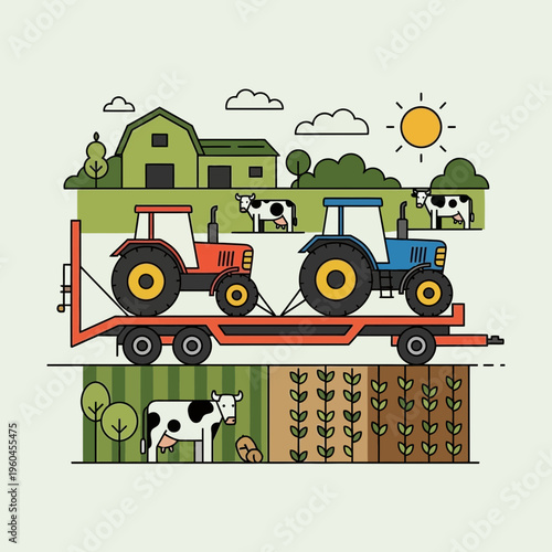 Rural Farming Landscape With Tractors And Livestock Illustration