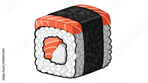 Close-up illustration of a single piece of salmon sushi roll wrapped in dark green seaweed with white rice and fresh fish filling.