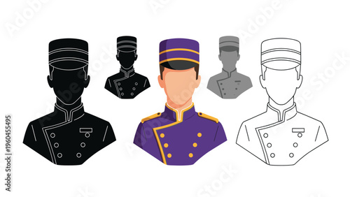 Avatar of a professional hotel bellhop or doorman wearing a classic uniform and cap is shown in five variations from color to silhouette.