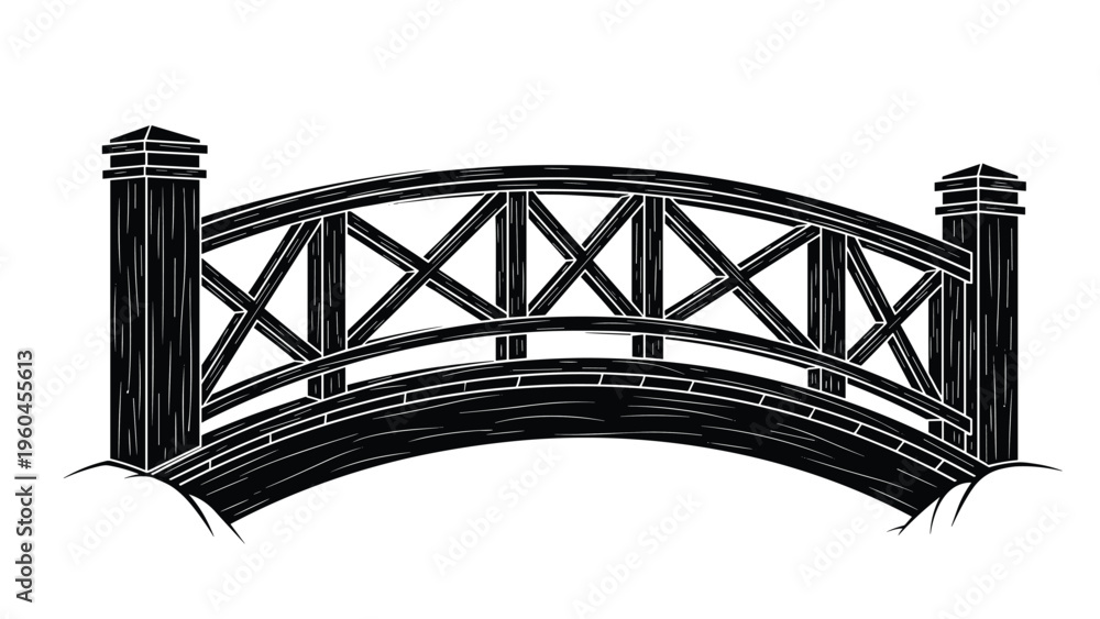 Obraz premium Silhouette illustration of a curved wooden bridge with a decorative railing set against a plain white background for architectural use.