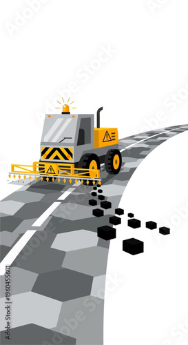 Specialized Road Construction Machine Laying Asphalt On A Winding Highway