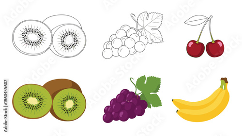 Set of various fruits including kiwi, grapes, cherries, and bananas in both colored and line art versions for coloring.