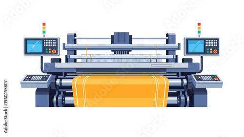Detailed illustration of an industrial weaving machine used in textile manufacturing showing the yellow fabric and control panels.