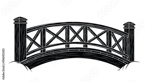Silhouette illustration of a curved wooden bridge with a decorative railing set against a plain white background for architectural use.