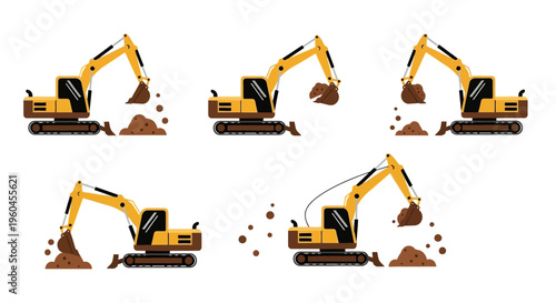 Set Of Construction Diggers Excavating Dirt And Earth With Buckets