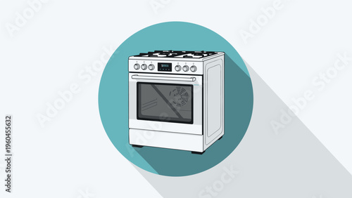 Modern white kitchen stove with a gas cooktop and an oven presented as a flat design icon with a long shadow on a teal circle.