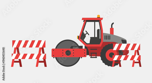 Red Road Roller Machine With Construction Barriers Ready For Use