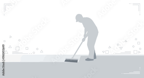 Silhouette of Worker Sweeping Floor with Geometric Shapes Background